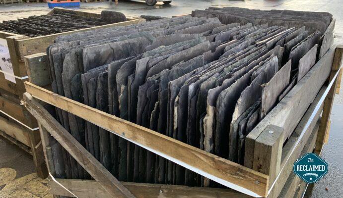 Welsh Tonne Slate organised in crates from Skelton Hall. Available at The Reclaimed Company.