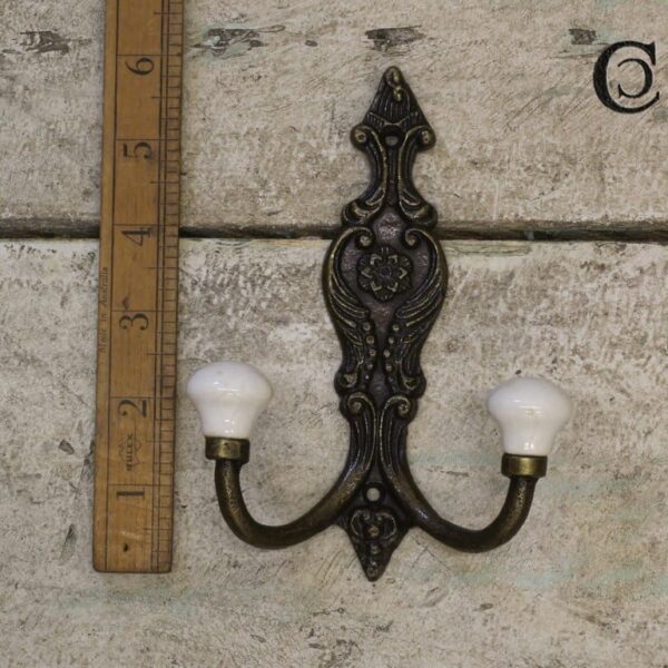 Hat and Coat Hook FRENCH STYLE 2 Ceramic Ball Antique Brass 125mm