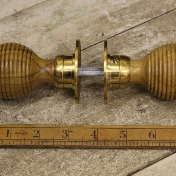 Door Knob Set Beehive Teak / Brass 50mm Diameter