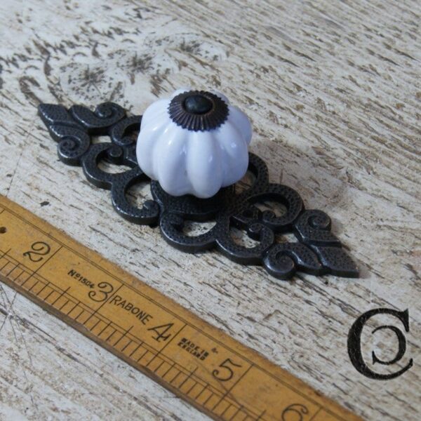 Knob Ceramic White & Backplate FILIGREE Antique Iron 127mm