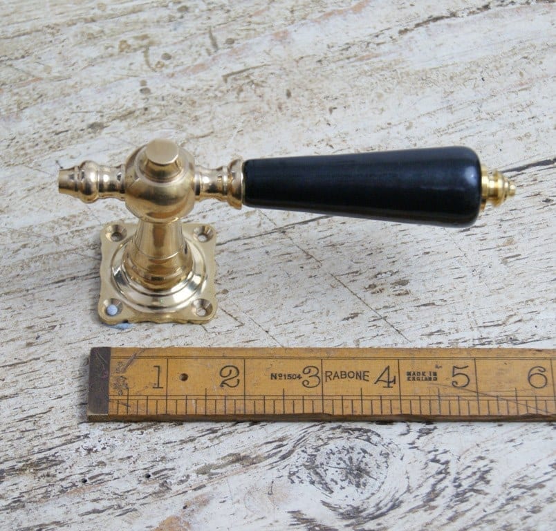 Lever Handle on Square Plate Ebony Ceramic and Brass 120mm