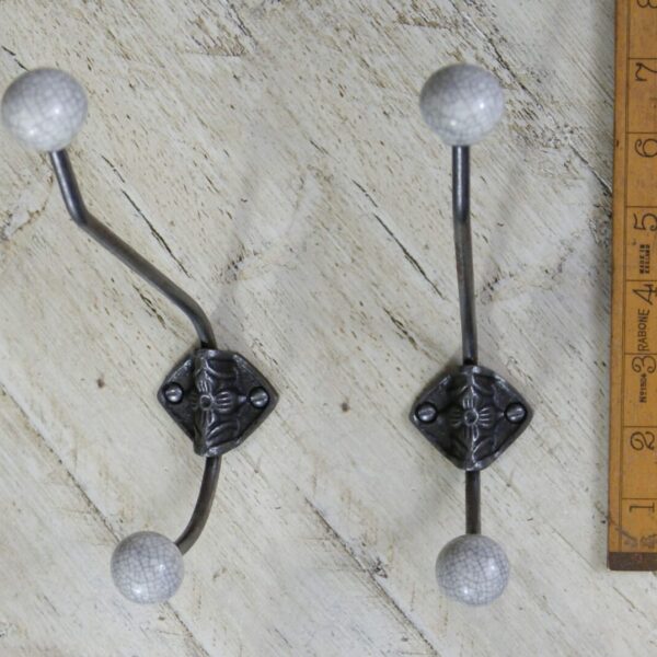 Hat & Coat Hook Rosette Double Grey Crackle Glazed Ceramic