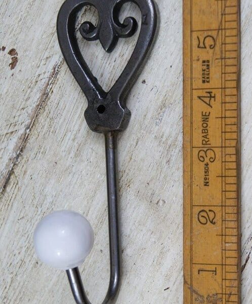 Coat Hook OWL Heart Fleur Antique Iron White Ceramic Ball Tip 120mm