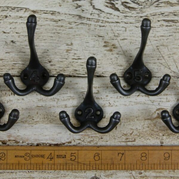 Triple Coat Hooks Cast Antique Iron Numbered 1-5