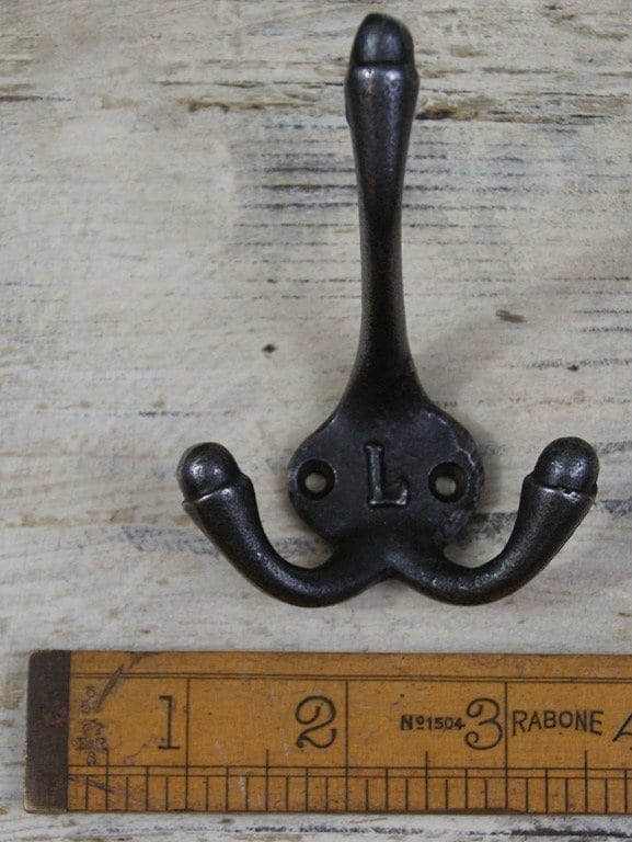 Hat & Coat Hook Triple 'L' Cast Antique Iron 90mm