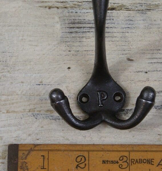 Hat & Coat Hook Triple SMALL 'P' Cast Antique Iron 90mm