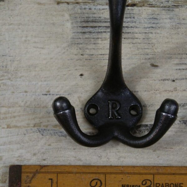Hat & Coat Hook Triple SMALL 'R' Cast Antique Iron 90mm