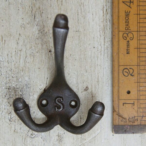 Hat & Coat Hook Triple SMALL 'S' Cast Antique Iron 90mm