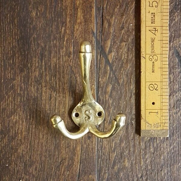 Hat & Coat Hook Triple SMALL 'S' Cast BRASS 90mm