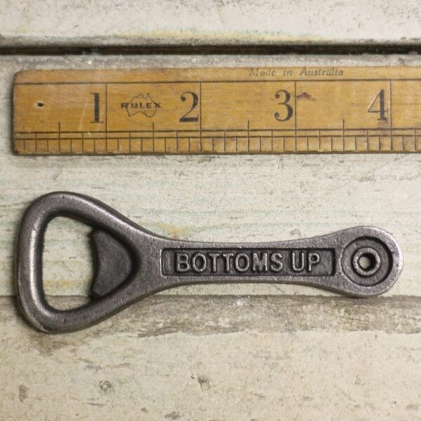 Bottle Opener Hand Held BOTTOMS UP Antique Iron 95mm (EOINDIA)