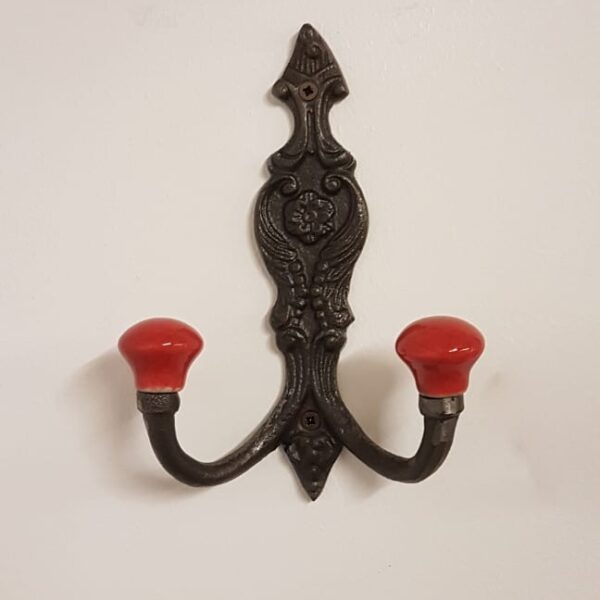 Hat & Coat Hook FRENCH 2 x RED ceramic ball tops 150mm