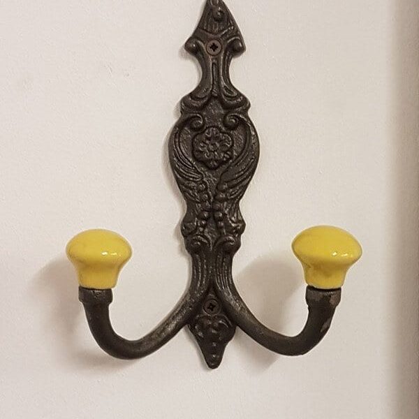 Hat & Coat Hook FRENCH 2 x MUSTARD YELLOW ceramic ball tops 150mm