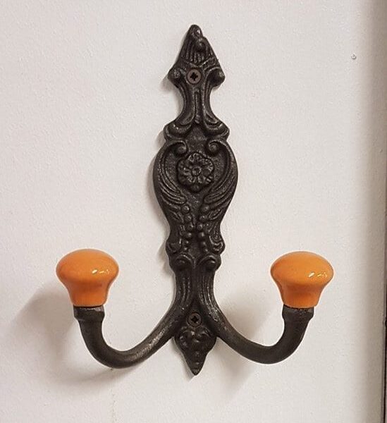 Hat & Coat Hook FRENCH 2 x BURNT ORANGE ceramc ball tops 150mm