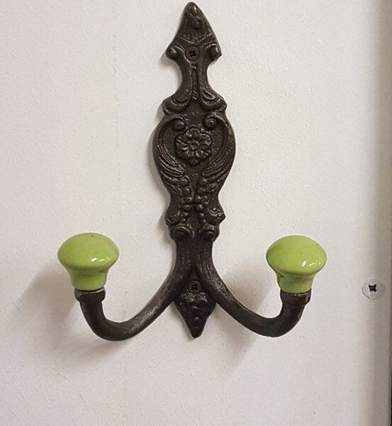 Hat & Coat Hook FRENCH 2 x LIME GREEN ceramic ball tops 150mm