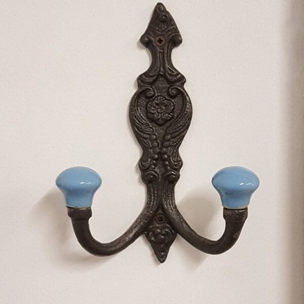 Hat & Coat Hook FRENCH 2 x DUCK EGG BLUE ceramic ball tops 150mm