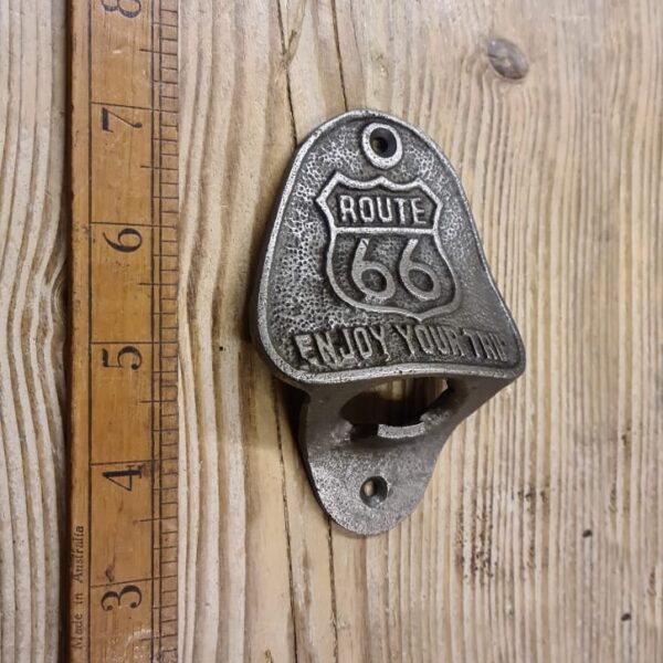 Alternative view of Bottle Opener Wall Mounted ROUTE 66 ENJOY TRIP Cast Antique Iron